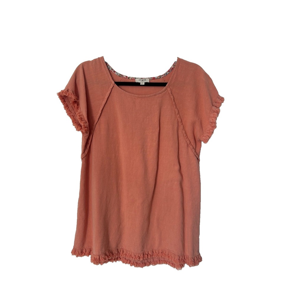 Umgee‎ USA Pintuck High Low Fringed Linen Cotton Blend Tunic Top Size M Red Clay